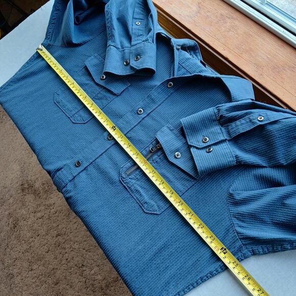 R&R Blue Cotton Button Up Shirt Mens XL long roll tab sleeves jacquard stripes - Picture 10 of 15